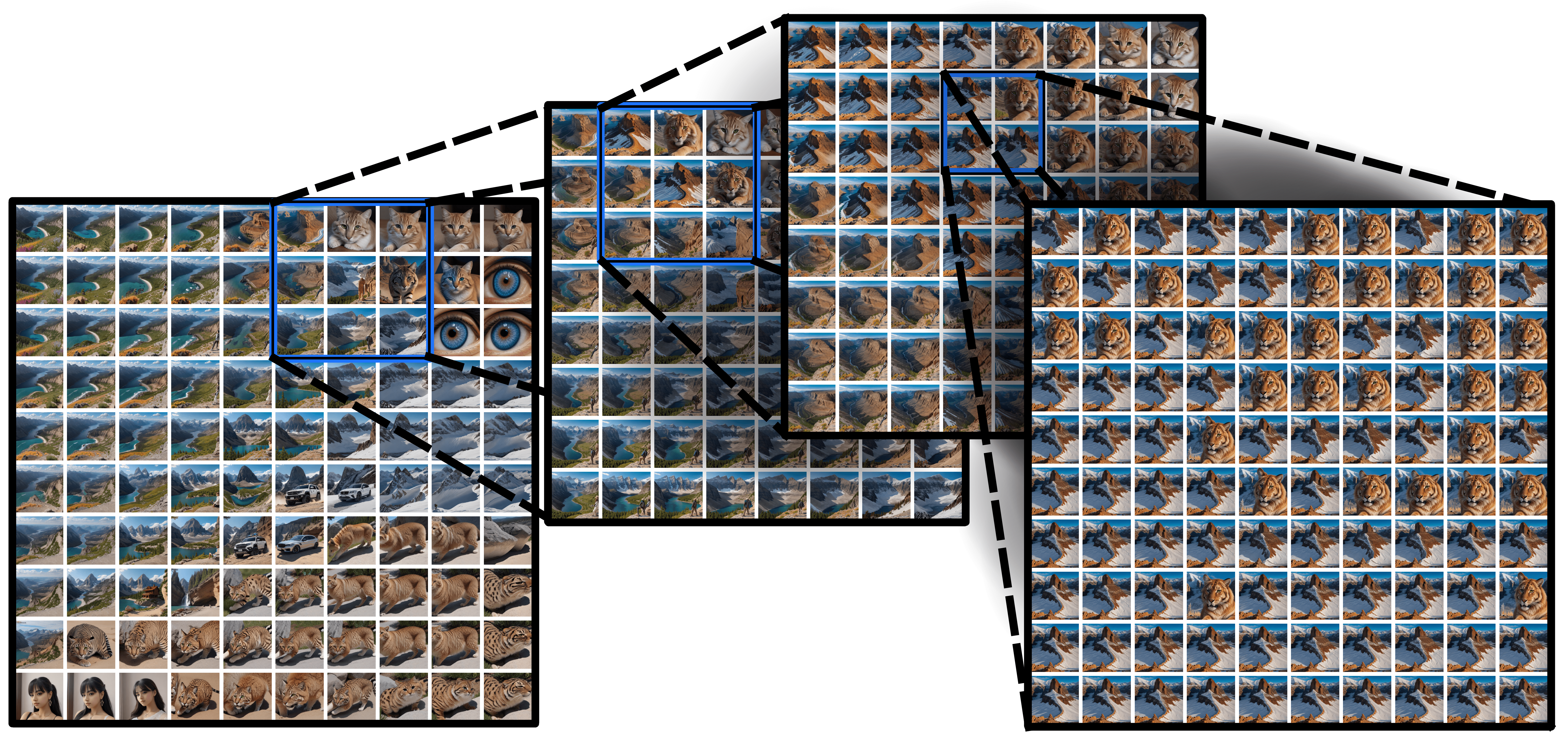 The fractal structure of phase boundary in the interpolation landscape of diffusion model. The last plot represent the parameter variations 10^{-5}) between neighboring images. The small changes in latent space cause switching between a mountain and a lion.